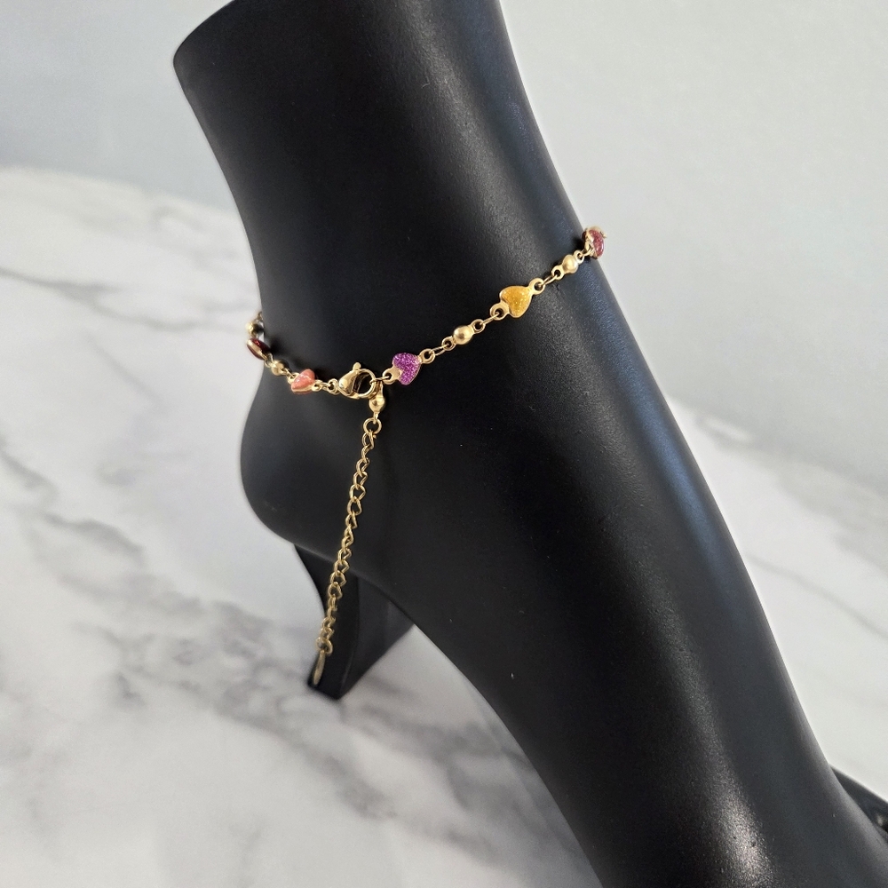 Adjustable 18k Gold Plated Anklet with Colorful Heart Charms - Picture 8 of 12